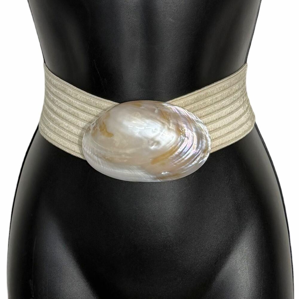 VTG 80s 90s Cream Stretch Belt Iridescent Mother of Pearl Shell Buckle S M
